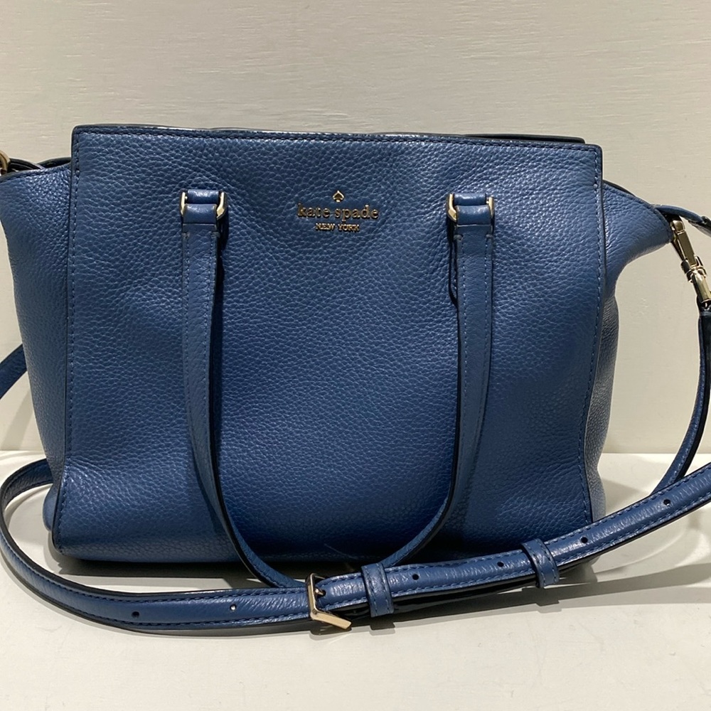 KATE SPADE “Jackson” Blue Pebbled Leather Medium Satchel/ Crossbody Bag